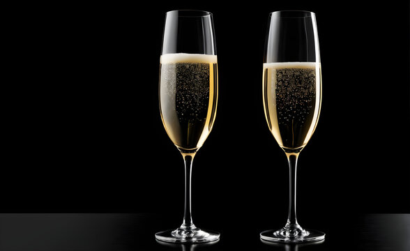 Two champagne glasses on a simple black background, Valentine's Day, Christmas. Generative AI