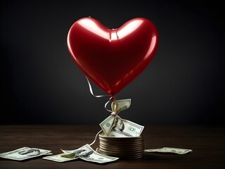"Currency of Love: Balancing Wealth and Affection- visual metaphor of the delicate balance between love and wealth with an image of a heart-shaped balloon tethered to a bundle of dollars.