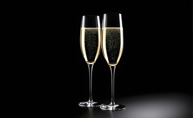 Two champagne glasses on a simple black background, Valentine's Day, Christmas. Generative AI