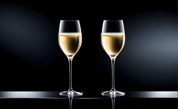 Two champagne glasses on a simple black background, Valentine's Day, Christmas. Generative AI