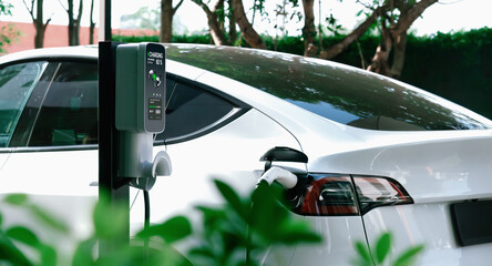 EV electric car charging in green sustainable city outdoor garden in summer. Urban sustainability lifestyle by green clean rechargeable energy of electric BEV vehicle innards