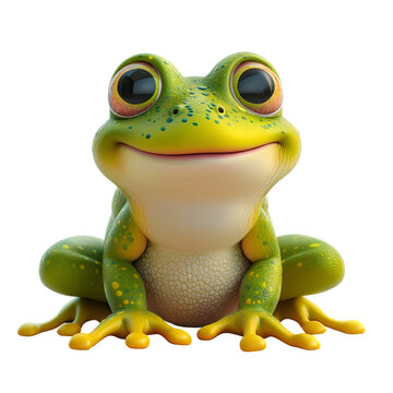 Isolated 3d cartoon funny frog a white background. Sweet friendly cute frog. A parody, a caricature. Isolated on white background as transparent PNG