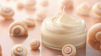 Fototapeta na wymiar Snail mucin luxury cosmetic concept. Jar of cream skin care and snail on pastel background. Pure, organic and fresh snail slime cosmetics beauty product