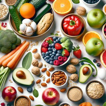 Image emphasizing the concept of nutritional health and wellness. Healthy foods like fruits, vegetables, grains, or nuts, arranged in an appealing and artistic manner.