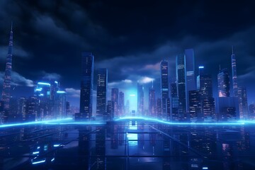3d Render of Cyber Punk Night City Landscape Concept. Light Glowing on Dark Scene. Night Life. Technology Network for 5g. Beyond Generation and Futuristic of Capital City and Building Scene.