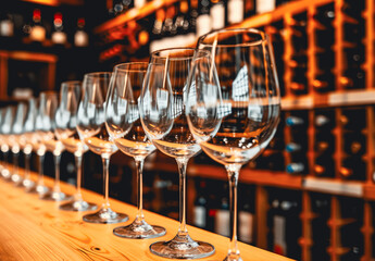 Row of Rose Wine Glasses on Bar Counter. - obrazy, fototapety, plakaty