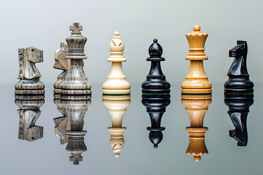 Chess pieces on a reflective surface, capturing both the pieces and their reflections.