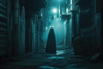 A mysterious figure in a ghost costume standing in a dimly lit alleyway illustration of a ghost - obrazy, fototapety, plakaty