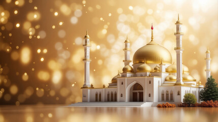 Fototapeta na wymiar white and golden mosque illustration wide banner with golden bokeh background