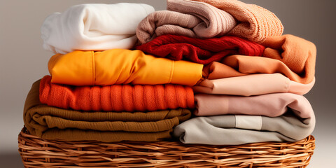 A clean and organized stack of clothes and a wicker basket of laundry. High quality image suitable for various design purposes. Transparent background for easy integration into design.