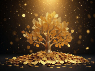 golden tree, create with gold coin, growing of accumulating wealth money investment overtime - obrazy, fototapety, plakaty
