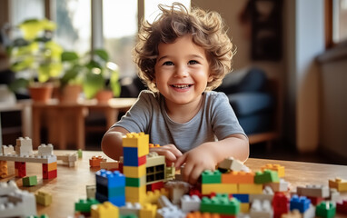 Child boy playing lego. Creating a world wonder with imagine. Generative Ai. - obrazy, fototapety, plakaty