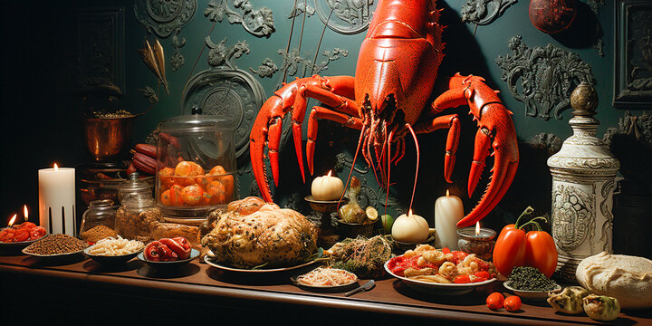 Seafood dishes in a unique and fantastic presentation. Intricate and detailed designs reminiscent of photorealistic images. Grotesque elements combined with fantastic aesthetics.