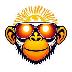 Monkey head with sunglasses and sun. Vector illustration for your design. Isolated on transparent background.  