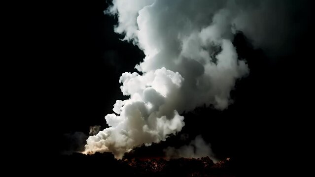 The contrast of the white smoke against a black sky creates a striking image of the factorys impact on the environment