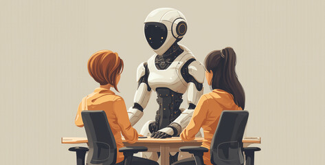 robot woman sitting on a bench in the city, illustration of a person with laptop, woman with laptop, women boss cheating with her subordinates