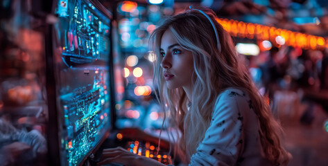 Obraz premium portrait of a woman in the night, women sitting in front of the computer
