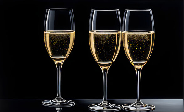 Three champagne glasses on a simple black background, Valentine's Day, Christmas. Generative AI