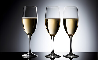 Three champagne glasses on a simple black background, Valentine's Day, Christmas. Generative AI