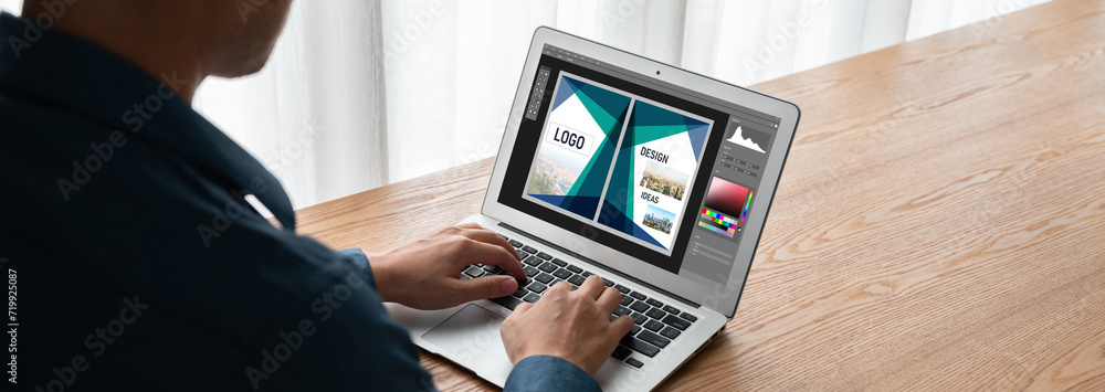 Aufkleber graphic designer software for modern design of web page and commercial ads showing on the computer s