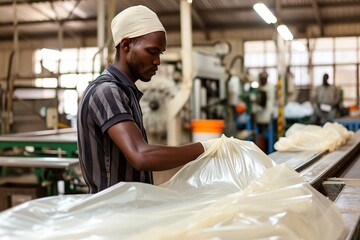 An african male working on production line at plastic bag machine.