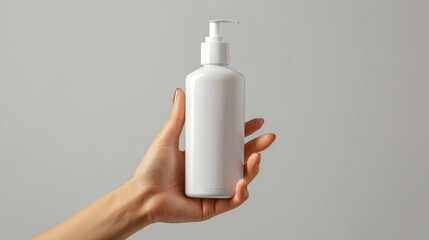 Female hand holding a blank white lotion bottle mockup