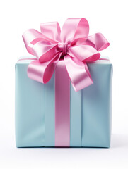 Single present with pink bow and blue wrapping paper, isolated on white.