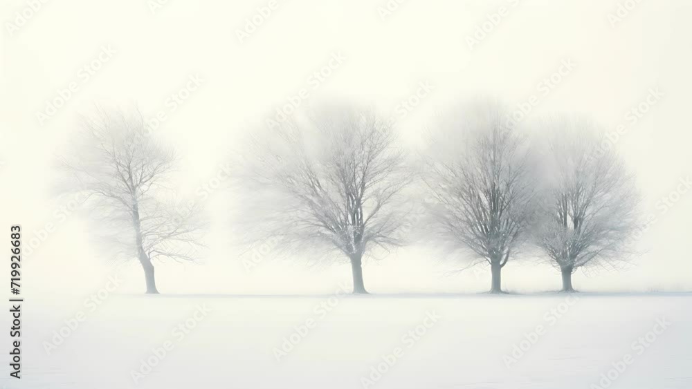 Poster a group of trees standing in a snowy field, surrounded by a thick fog that adds a sense of mystery a