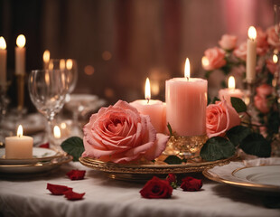 Obraz na płótnie Canvas Valentine's Day romantic dinner table with candle and pink rose