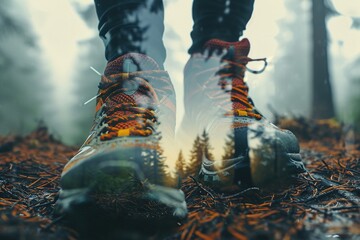 Double exposure with trail running shoe and forest.