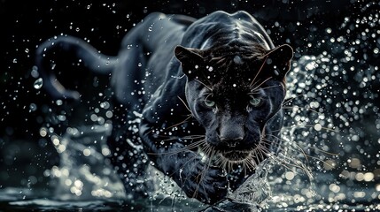 High speed black panther running through water. - obrazy, fototapety, plakaty