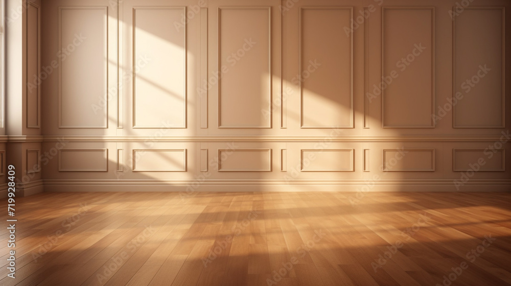 Poster wood table background texture. empty space for display product. parquet floor with generative ai.