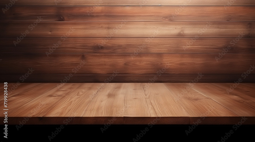Poster wood table background texture. empty space for display product. parquet floor with generative ai.