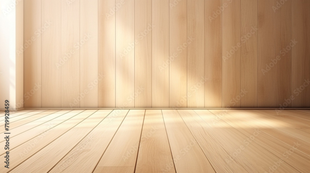 Poster wood table background texture. empty space for display product. parquet floor with generative ai.