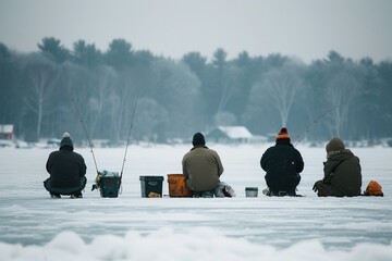 Ice fishermen waiting for their catch on frozen lake.