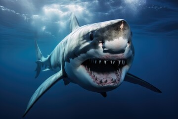 Naklejka premium Great white shark, Great White Shark in blue ocean. Underwater photography, shark in the sea, Great White Shark in blue ocean, Great white shark, Great White Shark in blue ocean. Underwat Ai generated