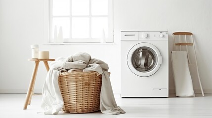 Laundry room with washing machine and laundry basket. Minimalist design