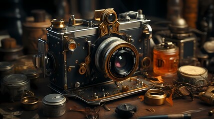 A close-up of a vintage camera on a photographer's desk with film rolls