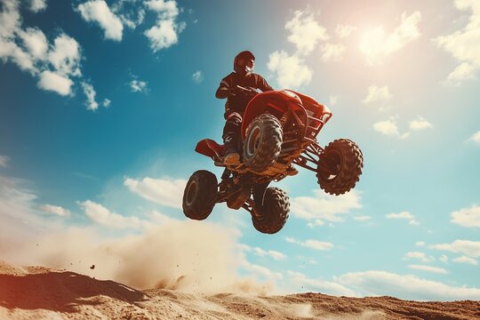 A Man Jumps With A Quad Bike On The Track.