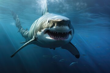 shark in the sea, Great White Shark in blue ocean, Great white shark, Great White Shark in blue ocean. Underwater photography Ai generated