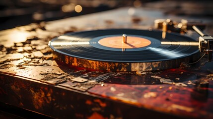Obraz premium A close-up of a vintage vinyl record, highlighting the grooves and texture of the analog medium