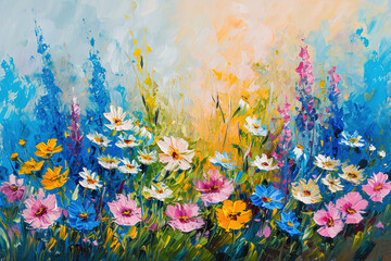 Colorful painting of flower meadow.