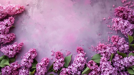 Top view of lilac blooms surrounding a clean background, spring's enchantment with a big copy space inside it, Generative AI.