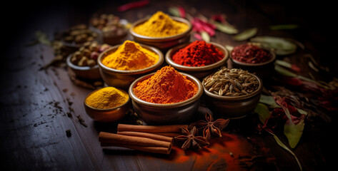 Close up of some colorful spices scattered