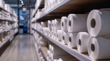 Toilet paper on shelves.
