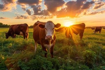 Cows grazing at sunset on a farm.