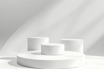 Abstract white stage with three white round podiums mockup for cosmetic products in hard light on white background. Scene for presentation cosmetic products, gifts, goods, advertising, design 