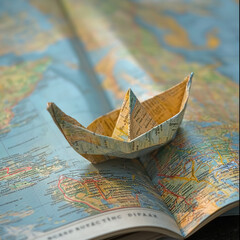 Paper Boat on a World Map. Navigating Vast Oceans of Possibility. Generative AI.