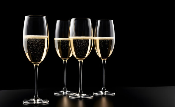 Four champagne glasses on a simple black background, Valentine's Day, Christmas. Generative AI