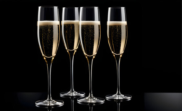 Four champagne glasses on a simple black background, Valentine's Day, Christmas. Generative AI